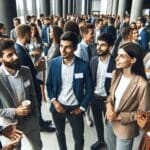 Grupo de jóvenes conversando en un evento corporativo con ambiente tecnológico y moderno en interiores.