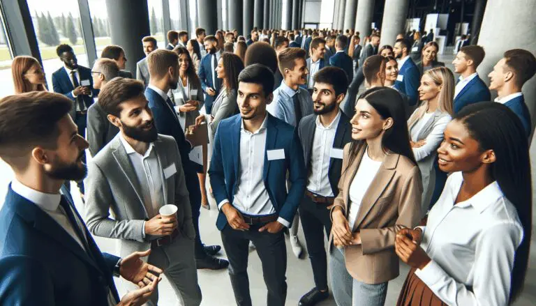 Grupo de jóvenes conversando en un evento corporativo con ambiente tecnológico y moderno en interiores.