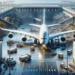 Fotografía de un Airbus A380 estacionado en una pista de aeropuerto, rodeado de hangares y equipos de mantenimiento, bajo luz natural.