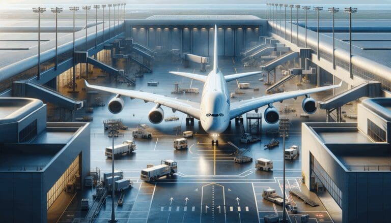 Fotografía de un Airbus A380 estacionado en una pista de aeropuerto, rodeado de hangares y equipos de mantenimiento, bajo luz natural.