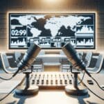 Entrevistado en un estudio de radio, con fondo de pantallas y micrófonos modernos.