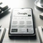 Primer plano de un smartphone encendido mostrando una interfaz de motor de búsqueda sobre una mesa de trabajo tecnológica.