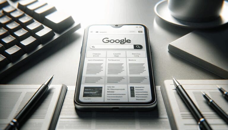 Primer plano de un smartphone encendido mostrando una interfaz de motor de búsqueda sobre una mesa de trabajo tecnológica.