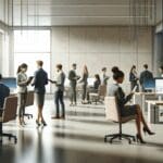 Equipo diverso de emprendedores en una oficina moderna, celebrando, con fondo de pantallas y tecnología.