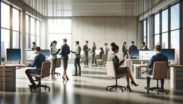 Equipo diverso de emprendedores en una oficina moderna, celebrando, con fondo de pantallas y tecnología.