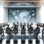 Salón de conferencias moderno con ejecutivos y ambiente tecnológico