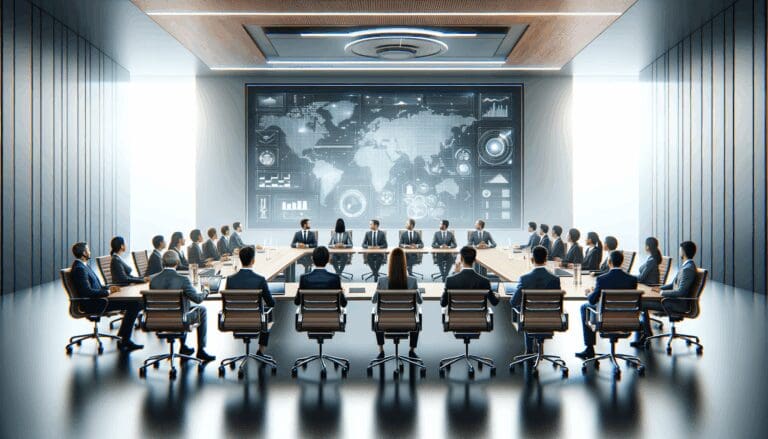 Salón de conferencias moderno con ejecutivos y ambiente tecnológico
