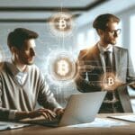 Jóvenes emprendedores en una oficina moderna revisando laptops, con gráficos digitales y símbolos de criptomonedas flotando.