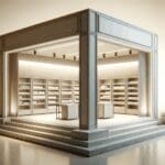 Fachada de supermercado moderno con estanterías vacías y ambiente minimalista.