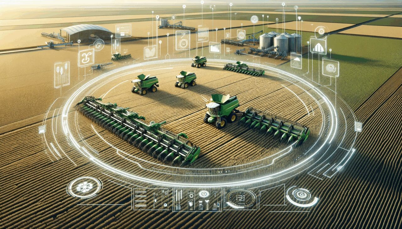 Campo de cultivo moderno visto desde arriba, con sensores tecnológicos y maquinaria agrícola avanzada.