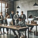 Grupo de emprendedores colaborando en un espacio de coworking moderno con computadoras y pizarras.