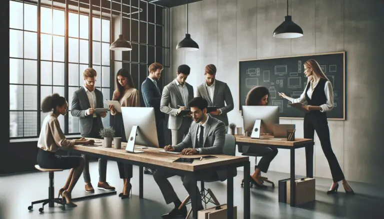 Grupo de emprendedores colaborando en un espacio de coworking moderno con computadoras y pizarras.