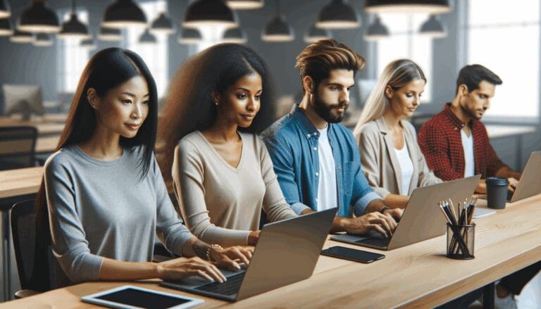 Personas jóvenes trabajando en laptops en un espacio colaborativo de coworking, rodeados de tecnología moderna.