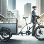 Primer plano de una bicicleta urbana con remolque eléctrico en una ciudad moderna, fondo difuminado.