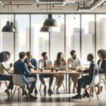Emprendedores colaborando alrededor de una mesa moderna en un espacio de coworking luminoso.