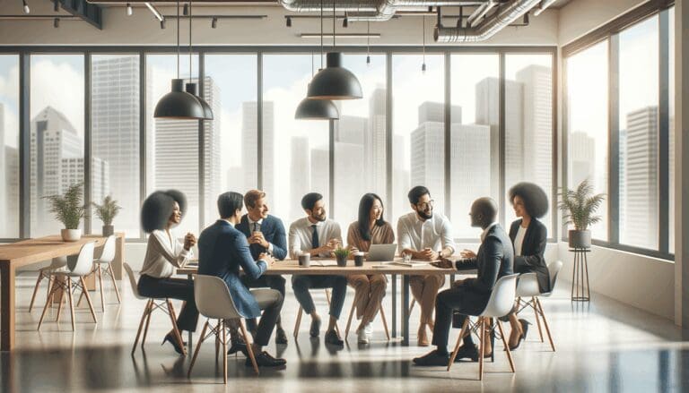 Emprendedores colaborando alrededor de una mesa moderna en un espacio de coworking luminoso.