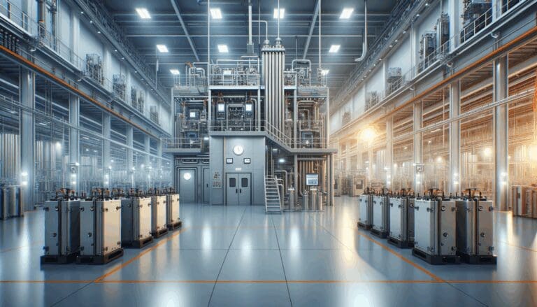 Interior de una planta industrial de alta tecnología con baterías y equipos energéticos