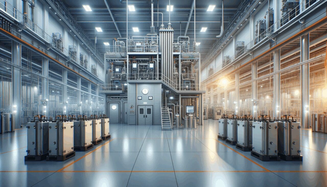 Interior de una planta industrial de alta tecnología con baterías y equipos energéticos