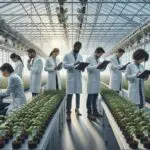 Investigadores observando cultivos en un invernadero moderno, ambiente de innovación agrícola.