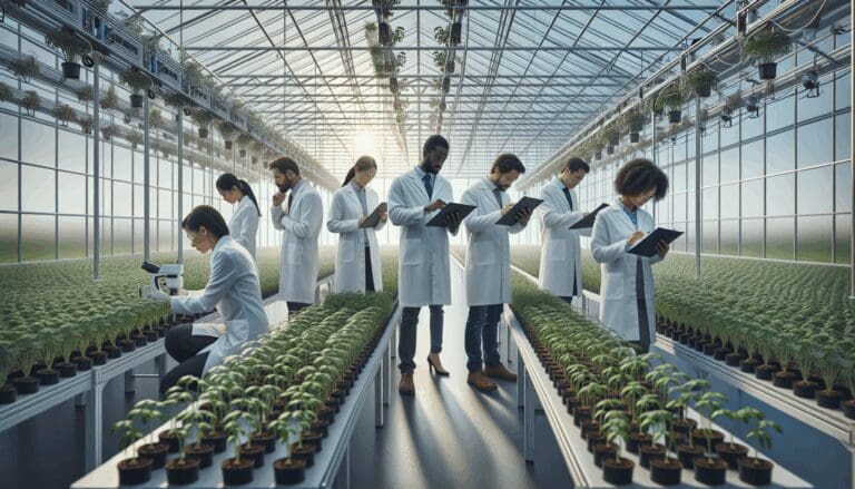 Investigadores observando cultivos en un invernadero moderno, ambiente de innovación agrícola.