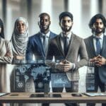 Grupo diverso de emprendedores presentando proyectos tecnológicos en un entorno moderno de congreso.