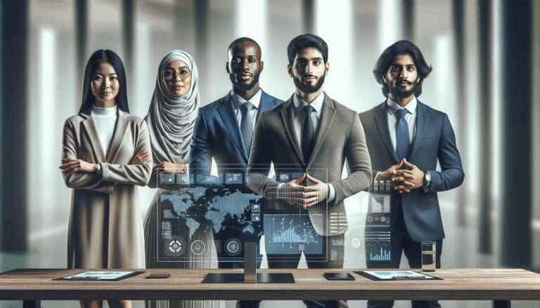 Grupo diverso de emprendedores presentando proyectos tecnológicos en un entorno moderno de congreso.