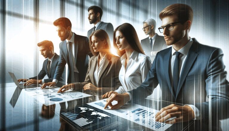 Ejecutivos analizando datos en una oficina moderna, fondo desenfocado y ambiente profesional.