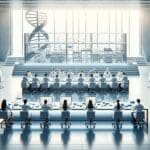 Laboratorio moderno con científicos trabajando en tecnología genética avanzada sobre una mesa amplia.