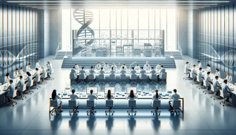 Laboratorio moderno con científicos trabajando en tecnología genética avanzada sobre una mesa amplia.