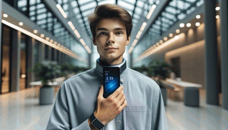 Persona joven usando un discreto dispositivo tecnológico portátil en un entorno moderno y luminoso.