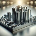 Primer plano de celdas de batería sobre una mesa tecnológica, iluminación moderna y fondo difuminado.