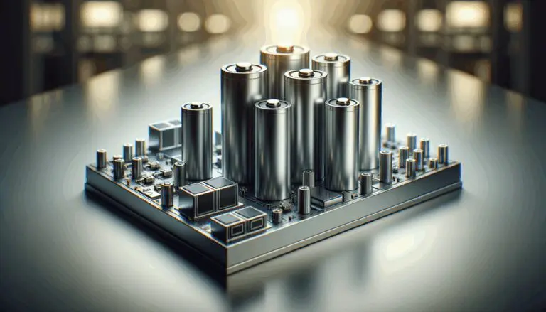 Primer plano de celdas de batería sobre una mesa tecnológica, iluminación moderna y fondo difuminado.