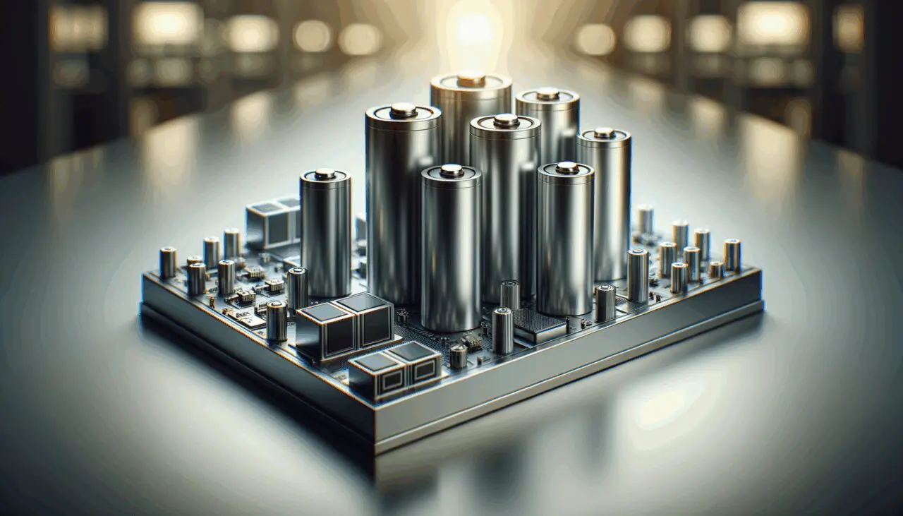 Primer plano de celdas de batería sobre una mesa tecnológica, iluminación moderna y fondo difuminado.