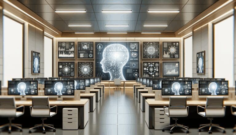 Oficina moderna con pantallas y gráficos de inteligencia artificial.