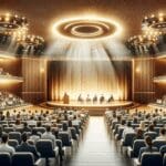 Auditorio moderno con asistentes interactuando, ambiente vibrante y profesional, iluminación cálida.