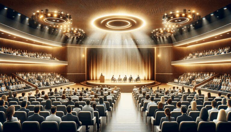 Auditorio moderno con asistentes interactuando, ambiente vibrante y profesional, iluminación cálida.