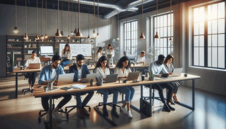 Grupo diverso de emprendedores colaborando en una sala de coworking moderna con ordenadores y pizarras.