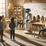 Robot social interactuando con niños en una moderna aula escolar, ambiente cálido y educativo.