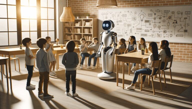 Robot social interactuando con niños en una moderna aula escolar, ambiente cálido y educativo.