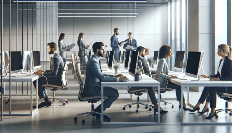 Oficinas modernas con emprendedores trabajando frente a computadoras