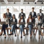 Grupo de emprendedores en un espacio de coworking, analizando gráficos financieros en laptops.