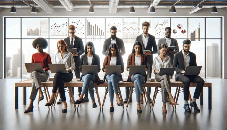 Grupo de emprendedores en un espacio de coworking, analizando gráficos financieros en laptops.