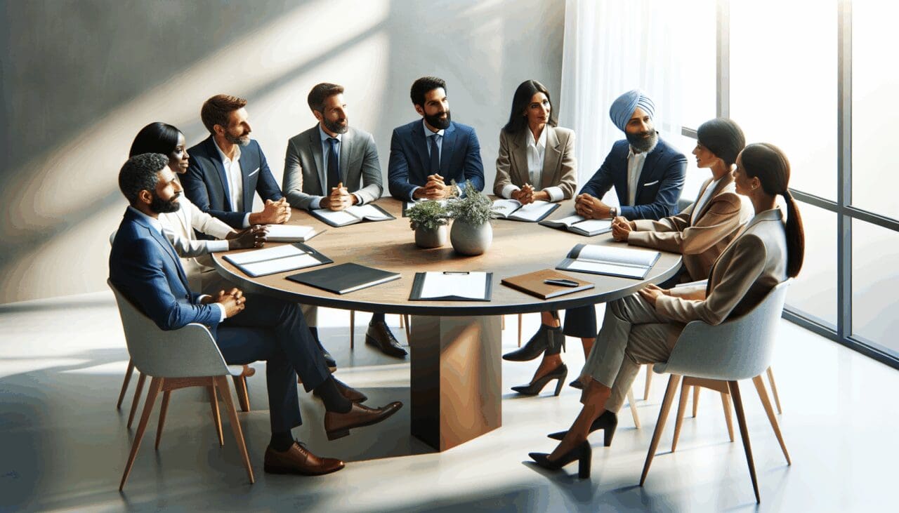 Mesa redonda en un ambiente moderno con emprendedores discutiendo estrategias internacionales.