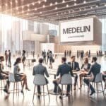 Vista panorámica de un moderno centro de convenciones en Medellín, con emprendedores conversando y tecnología en exhibición.