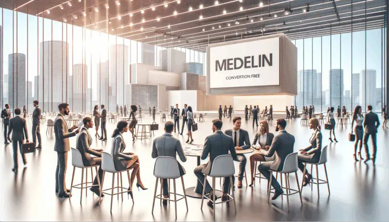 Vista panorámica de un moderno centro de convenciones en Medellín, con emprendedores conversando y tecnología en exhibición.