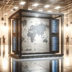 Primera plana de servidores tecnológicos conectados en una sala moderna iluminada, ambiente profesional y corporativo.