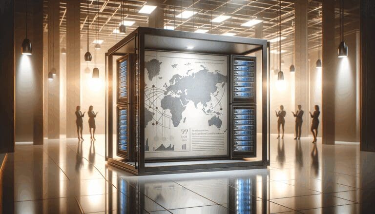 Primera plana de servidores tecnológicos conectados en una sala moderna iluminada, ambiente profesional y corporativo.