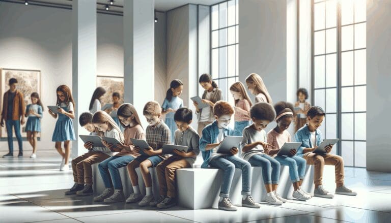 Grupo de niños interactuando con dispositivos digitales en un museo moderno y luminoso.