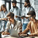 Jóvenes desarrolladores colaborando en un moderno espacio de coworking