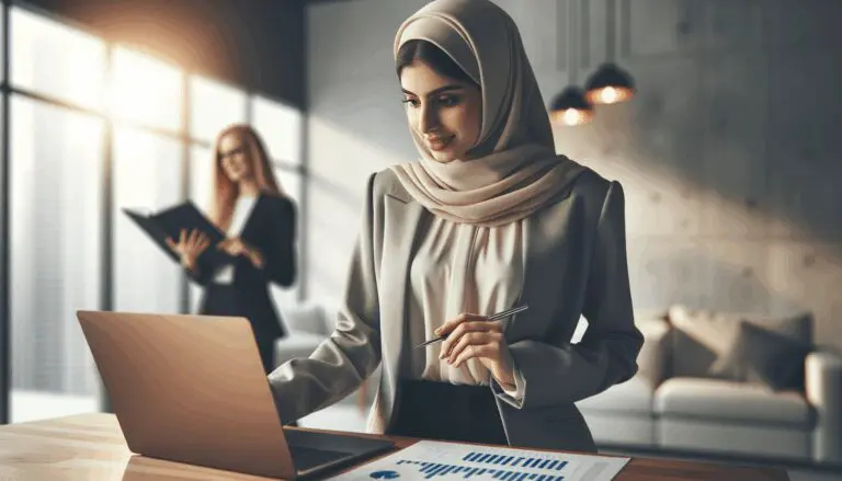 Emprendedora revisando datos en una laptop en un moderno espacio de coworking